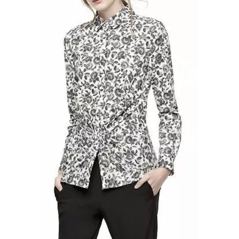 Thakoon Shirt L Design‎ Nation Floral Button Down Blouse Black White Career Top
